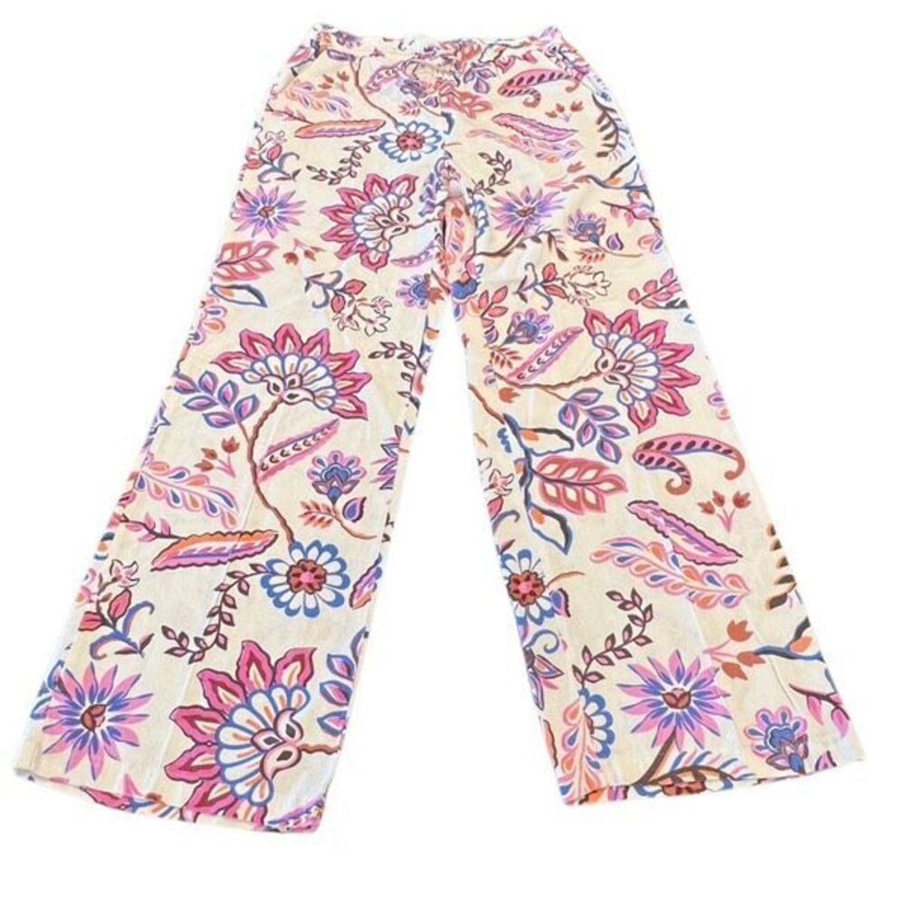 Ellen Tracy Womens Floral Drawstring Linen Blend Wide Leg Pants Multicolor Small